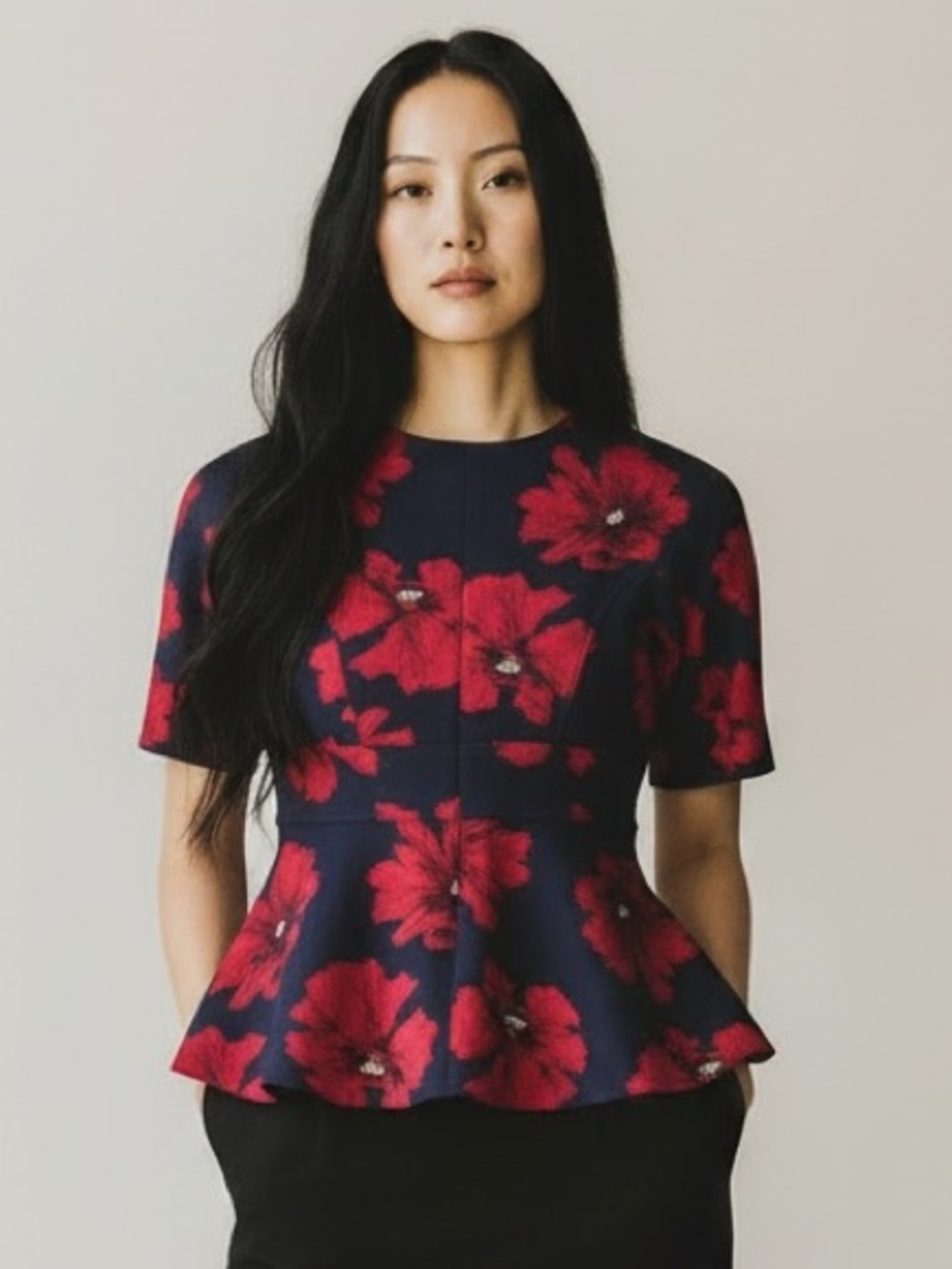 Lela Rose Floral Peplum Top Size 10 Navy & Poppy Tunic